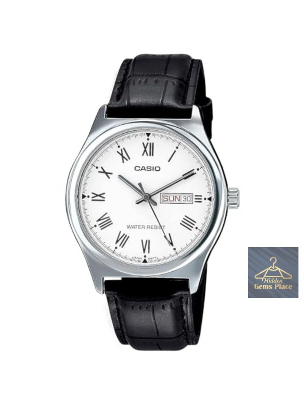 Casio Analog Watch with Leather Strap Roman Numerals Day Date